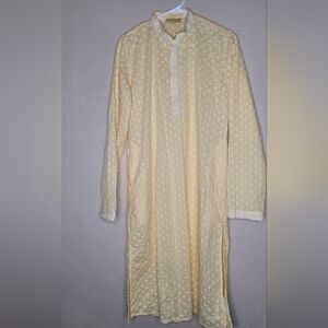 Mohanlal Sons Mens Tunic Georgette  Kurta Yellow Eyelet Embroidered Large 40